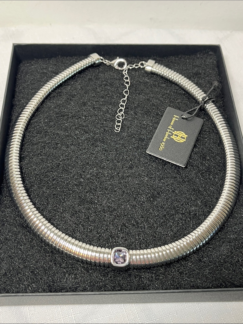 New House of Harlow 1960 Silver Collar Necklace
Purple Center Stone
Statement
